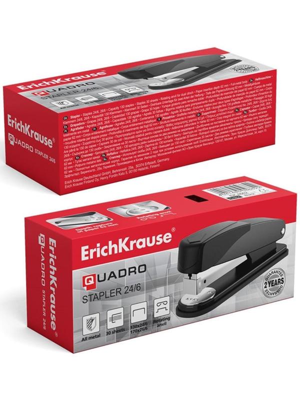 Степлер ErichKrause Quadro Half-strip, № 24/6, до 30 листов, антистеплер, чёрный