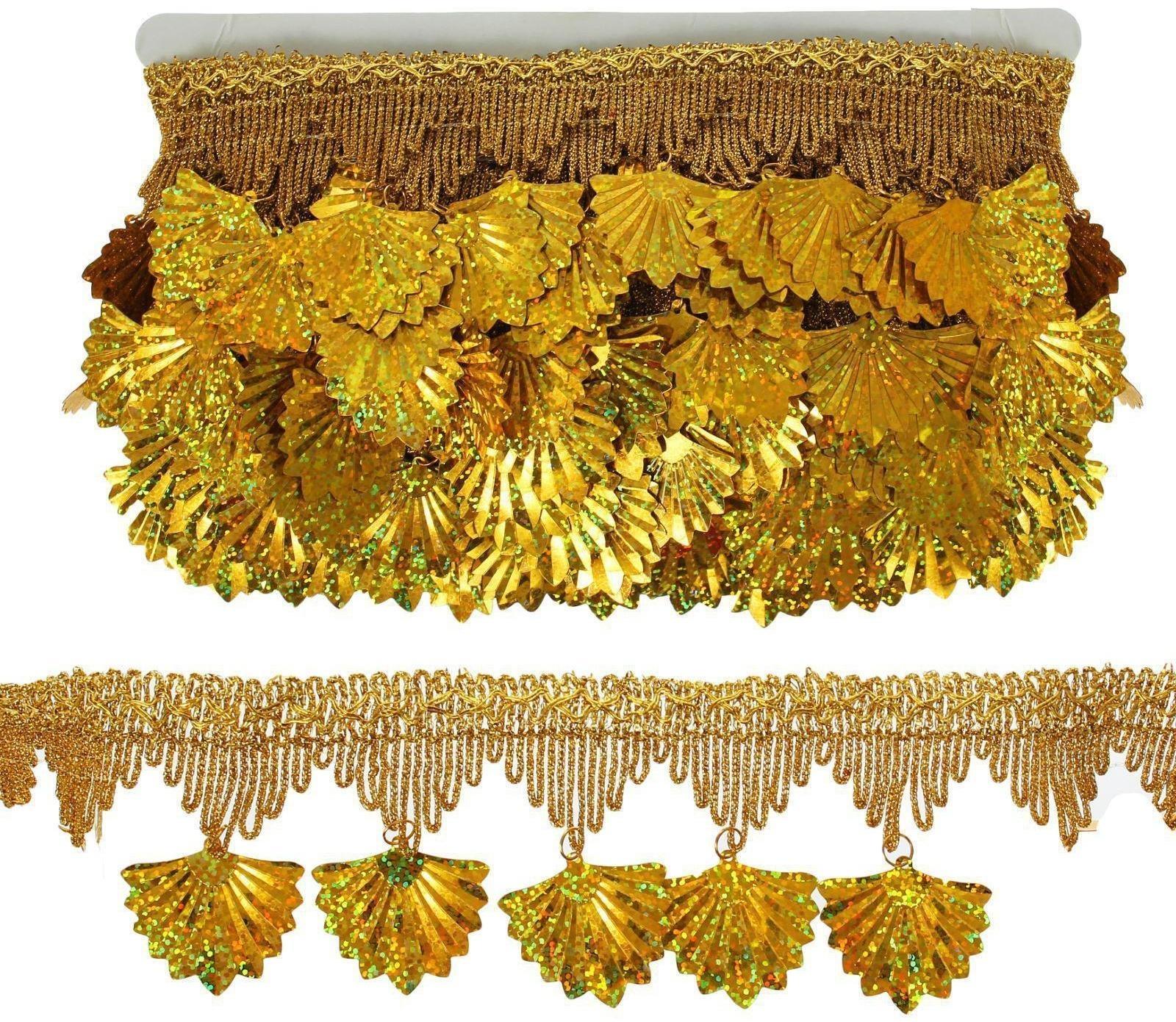 Тесьма с висюльками, ширина 7,5 см., в рулоне 10 м., золотая