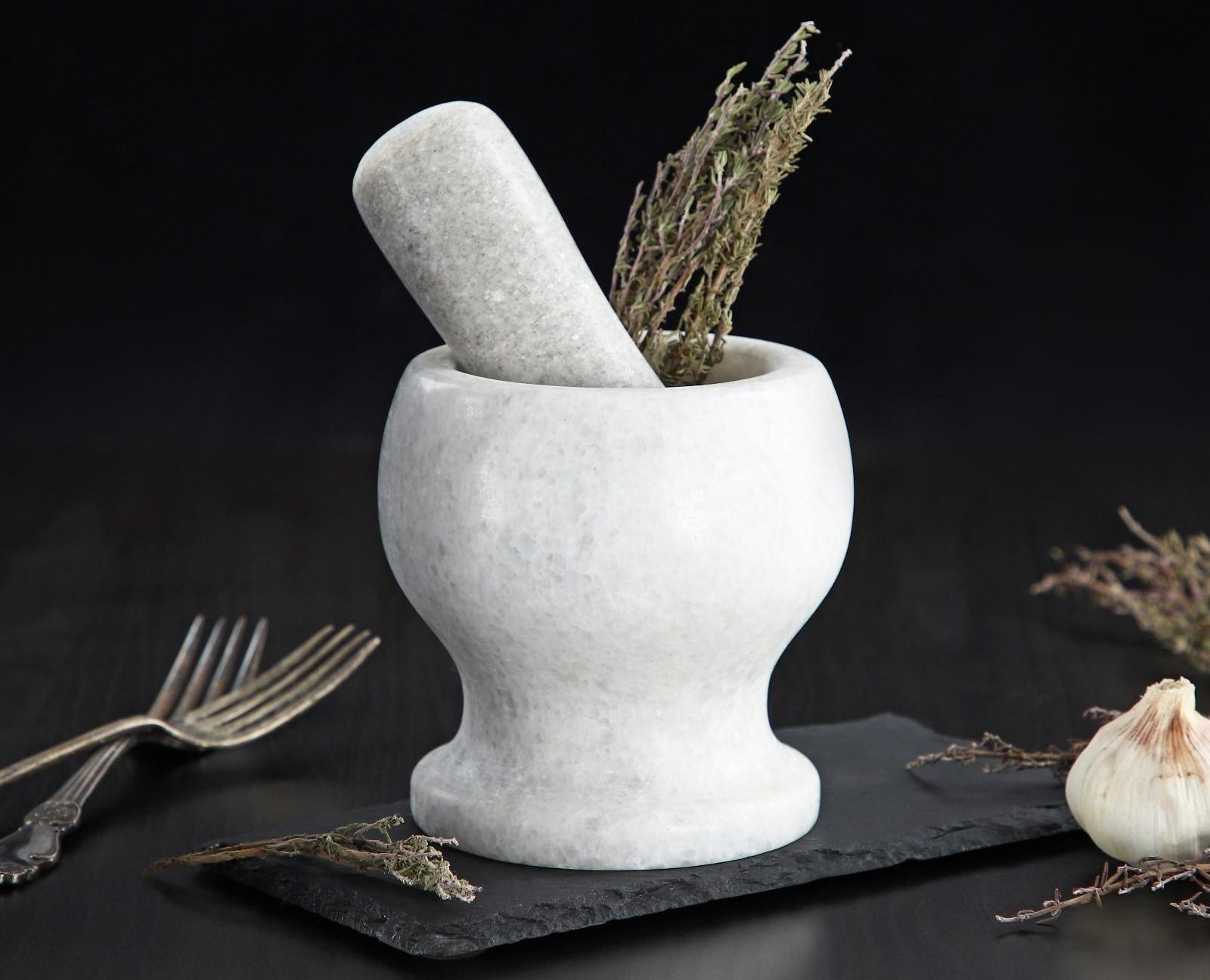 Ступка с толкушкой «Мрамор», из натурального камня, цвет белый