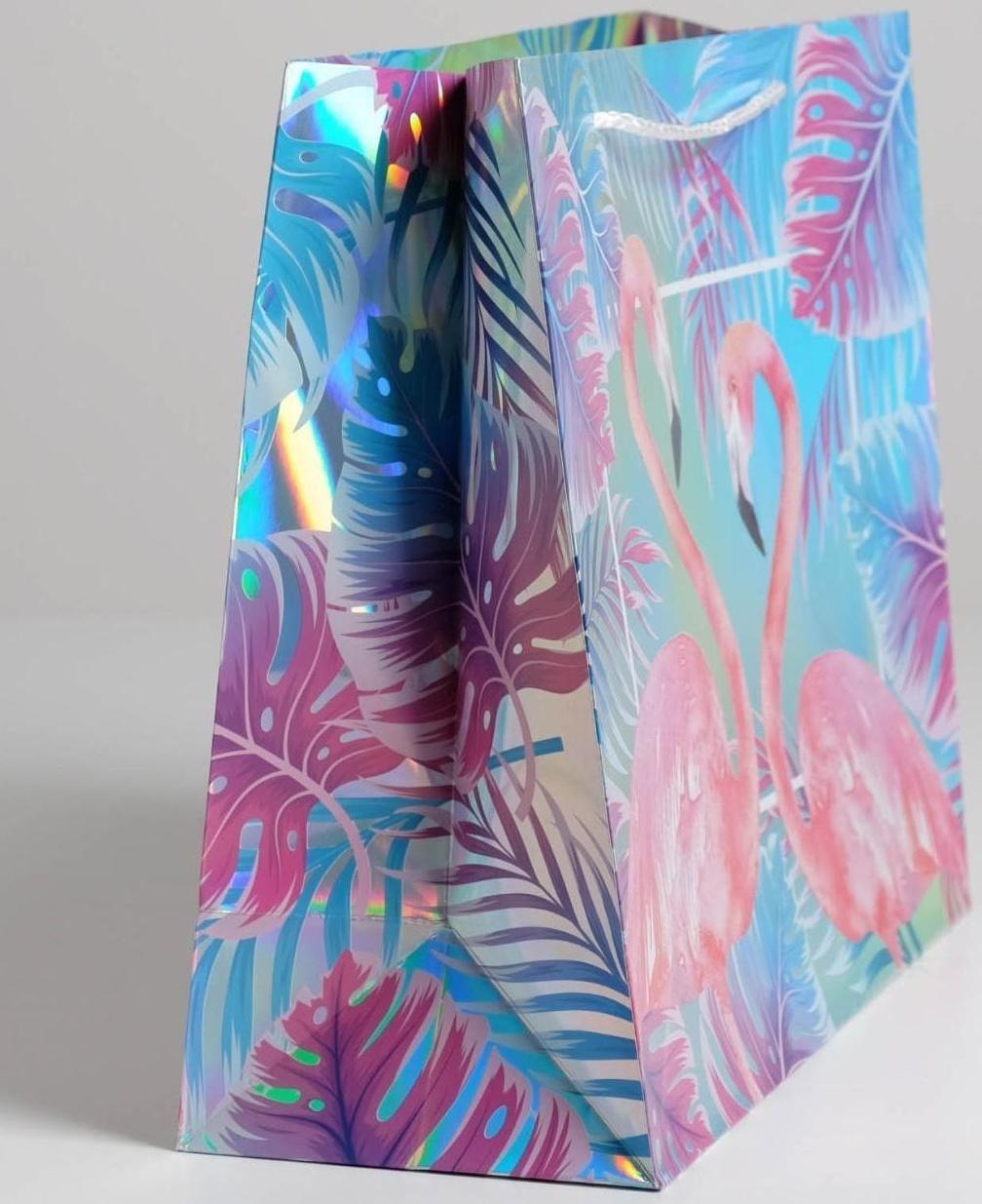 Пакет подарочный голографический «Фламинго», 32 × 26 × 12 см