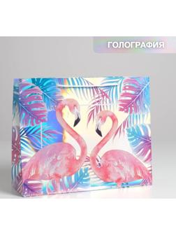 Пакет подарочный голографический «Фламинго», 32 × 26 × 12 см