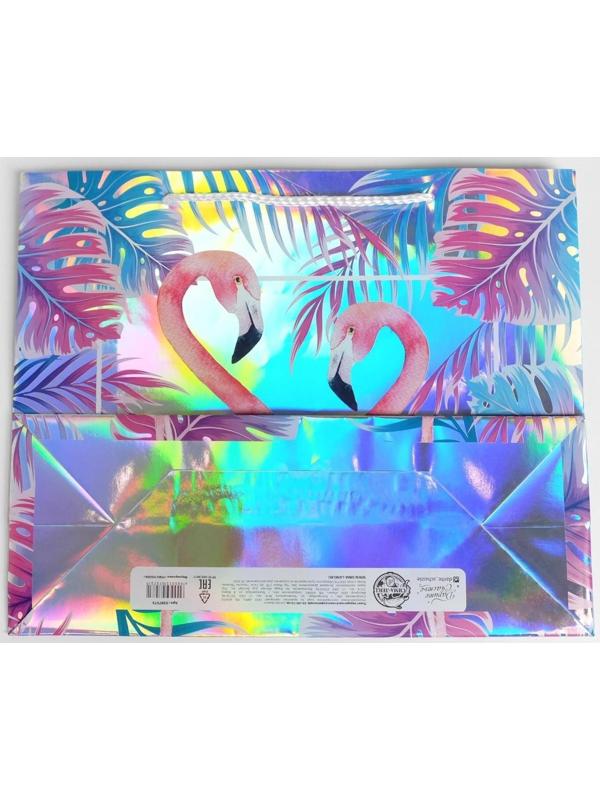 Пакет подарочный голографический «Фламинго», 32 × 26 × 12 см