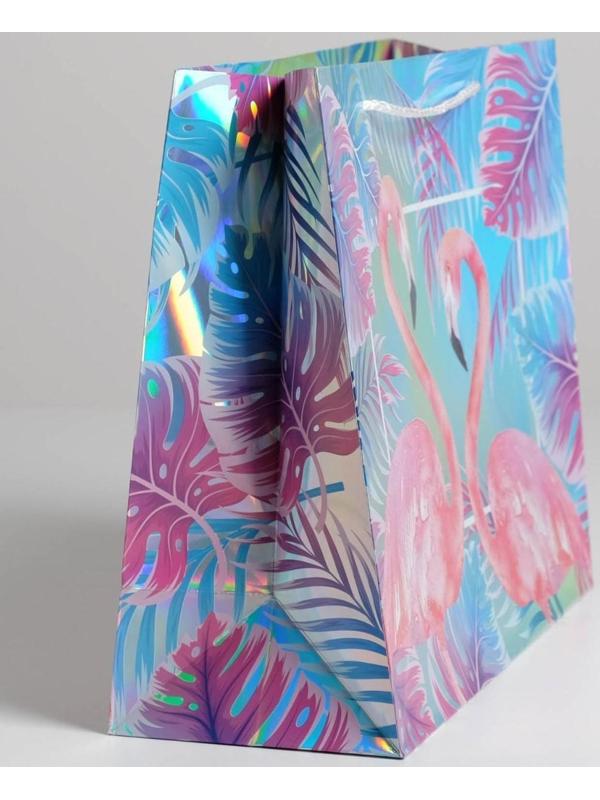 Пакет подарочный голографический «Фламинго», 32 × 26 × 12 см