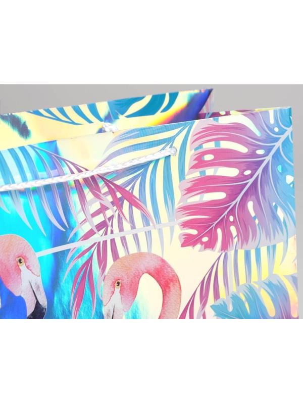 Пакет подарочный голографический «Фламинго», 32 × 26 × 12 см