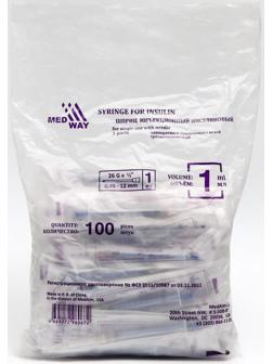 Шприц инсулиновый MEDWAY U-100 1 мл с иглой 0,45*12 мм (26Gx1/2