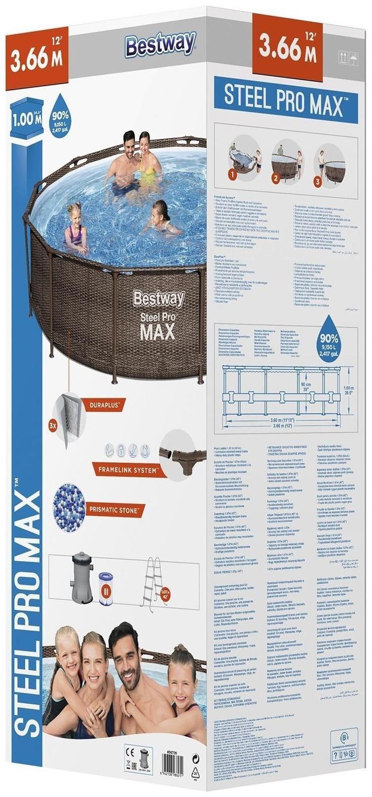 Бассейн каркасный Steel Pro, 366 х 100 см, фильтр-насос, лестница, 56709 Bestway