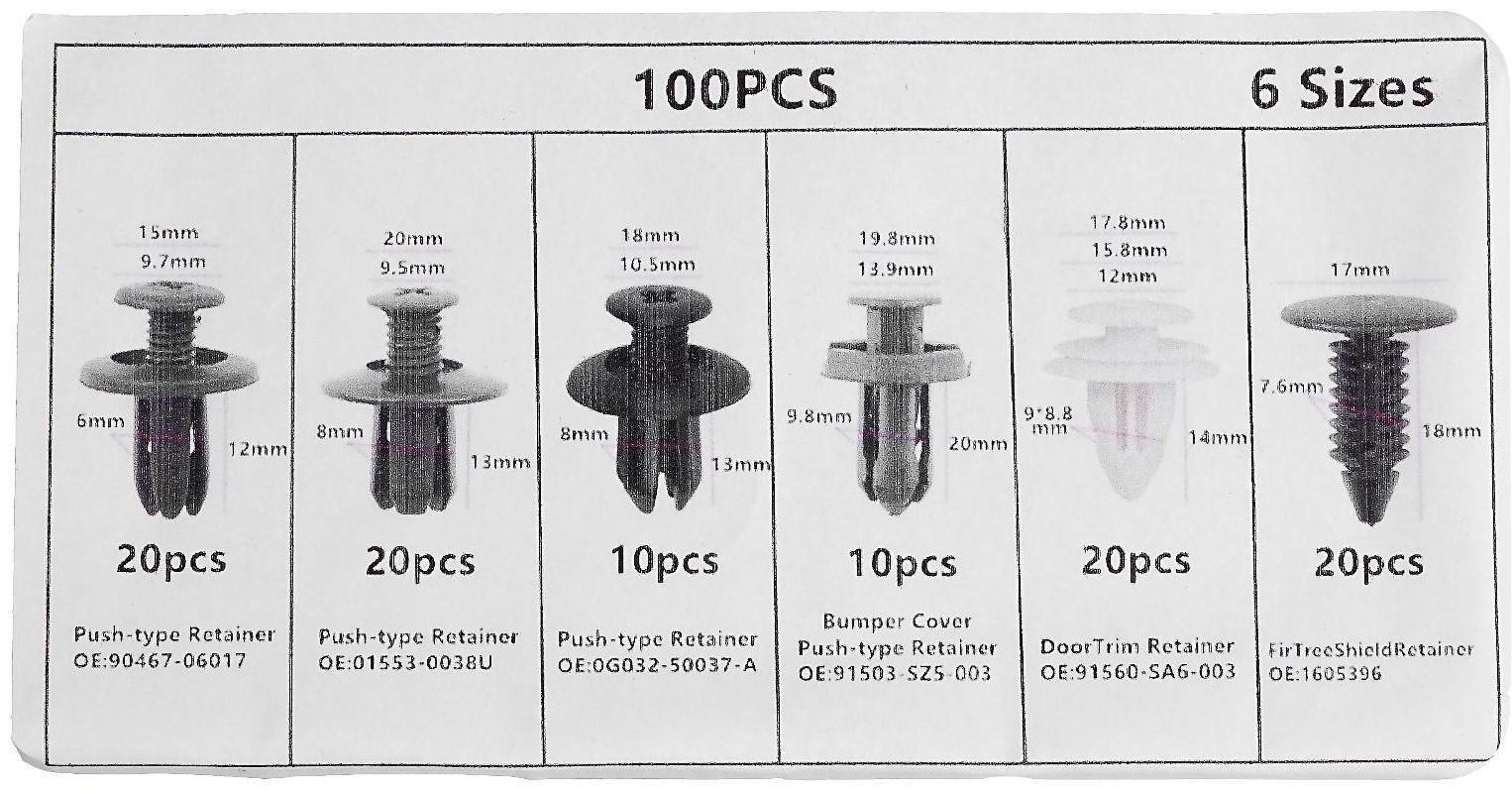 Клипсы и пистоны крепежные, 6 видов, набор 100 шт