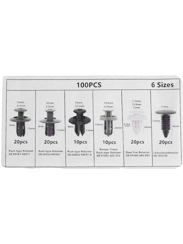 Клипсы и пистоны крепежные, 6 видов, набор 100 шт