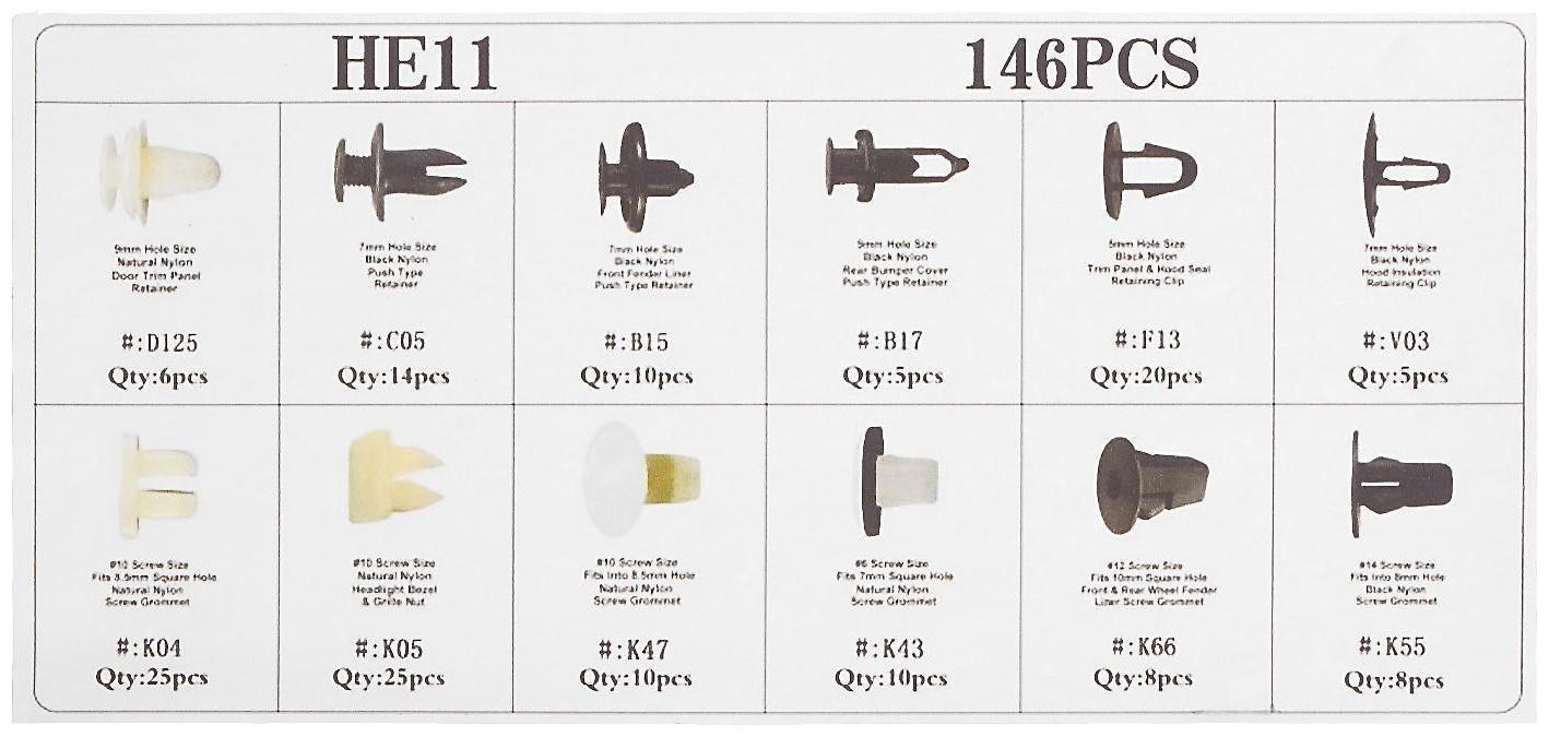 Клипсы и пистоны крепежные, 12 видов, набор 146 шт