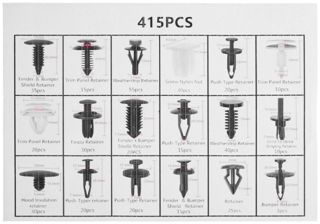 Клипсы и пистоны крепежные, 18 видов, набор 415 шт