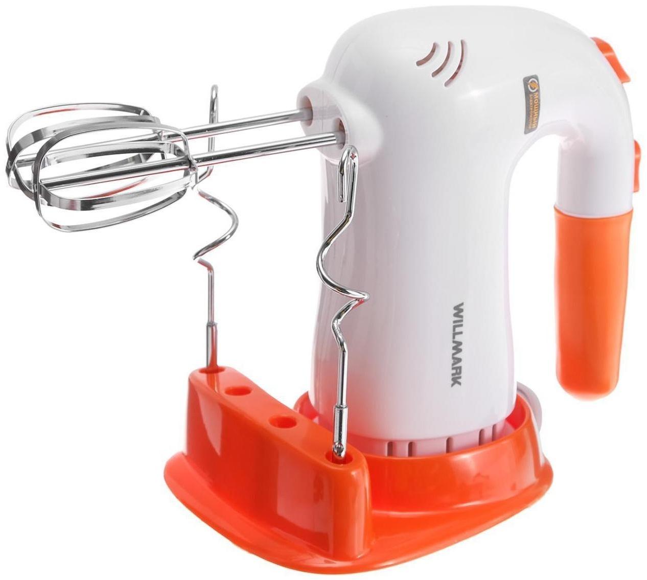 Миксер WILLMARK WHM-6023ST, ручной, 400 Вт, 5 скоростей, 2 насадки, подставка, оранжевый