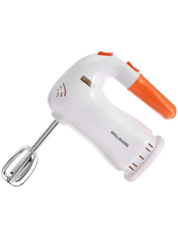 Миксер WILLMARK WHM-6023ST, ручной, 400 Вт, 5 скоростей, 2 насадки, подставка, оранжевый