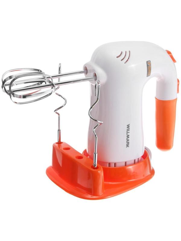 Миксер WILLMARK WHM-6023ST, ручной, 400 Вт, 5 скоростей, 2 насадки, подставка, оранжевый