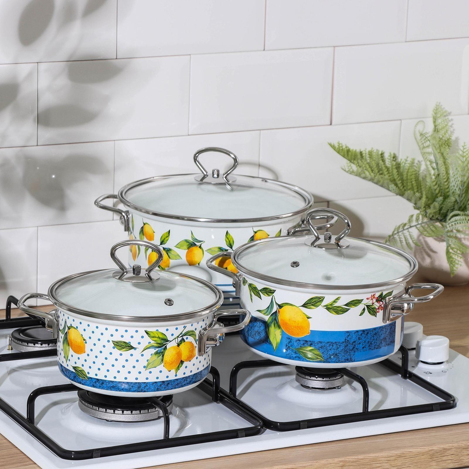 Набор кастрюль Доляна «Лимоны», 3 предмета: 1,9 л, 2,5 л, 3,7 л, крышки, индукция, цвет белый