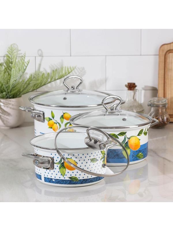 Набор кастрюль Доляна «Лимоны», 3 предмета: 1,9 л, 2,5 л, 3,7 л, крышки, индукция, цвет белый