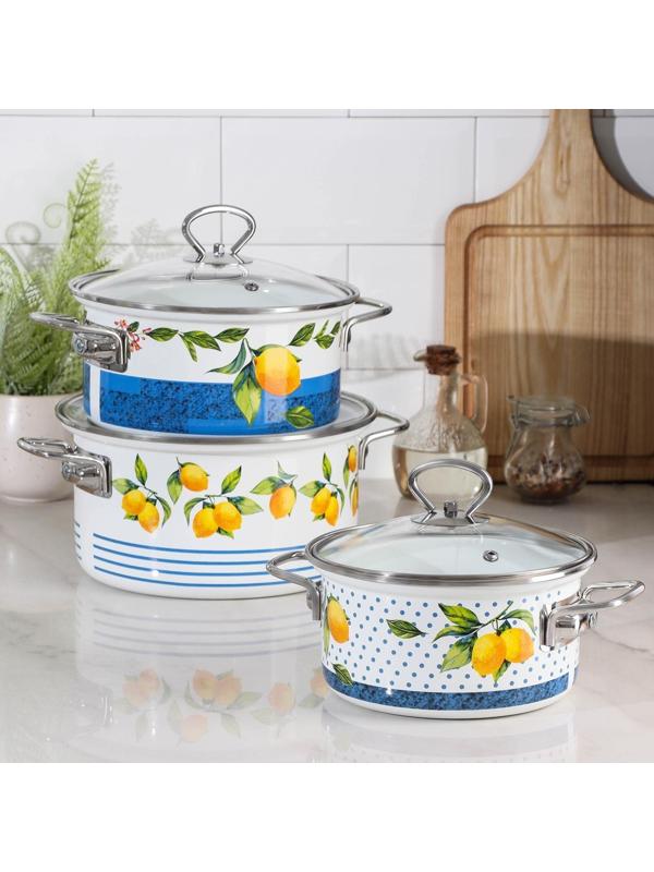 Набор кастрюль Доляна «Лимоны», 3 предмета: 1,9 л, 2,5 л, 3,7 л, крышки, индукция, цвет белый