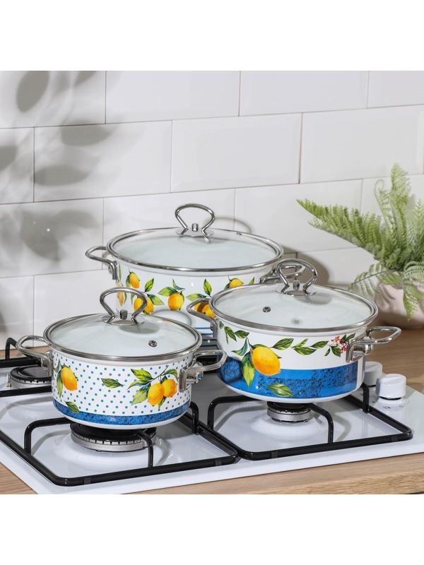 Набор кастрюль Доляна «Лимоны», 3 предмета: 1,9 л, 2,5 л, 3,7 л, крышки, индукция, цвет белый