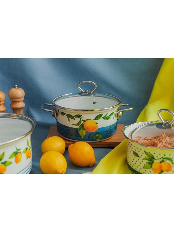 Набор кастрюль Доляна «Лимоны», 3 предмета: 1,9 л, 2,5 л, 3,7 л, крышки, индукция, цвет белый