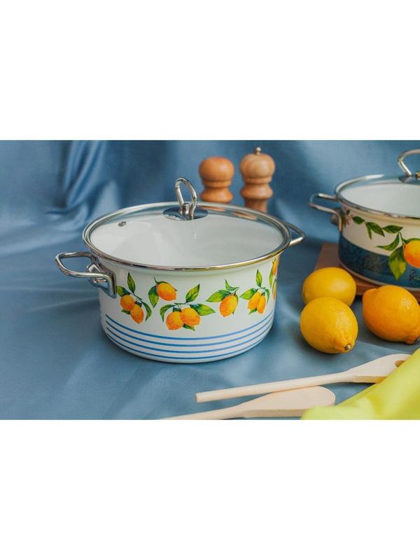 Набор кастрюль Доляна «Лимоны», 3 предмета: 1,9 л, 2,5 л, 3,7 л, крышки, индукция, цвет белый
