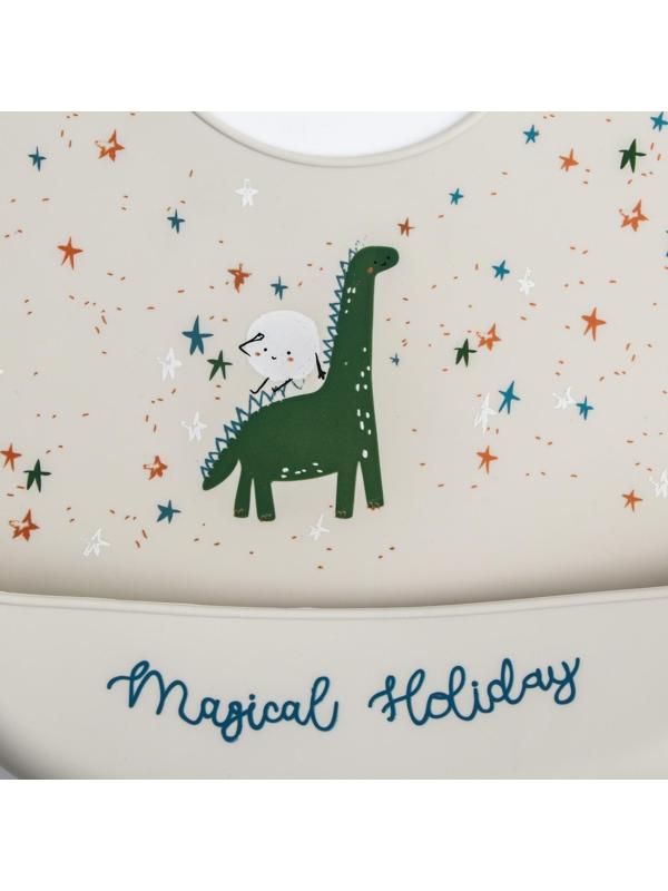 Нагрудник для кормления «Динозаврик» силиконовый с карманом, цвет серый