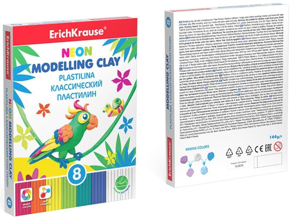 Пластилин 8 цветов, 144 г, ErichKrause Neon, неоновый + 2 белых, со стеком, улучшенная формула, в картонной упаковке
