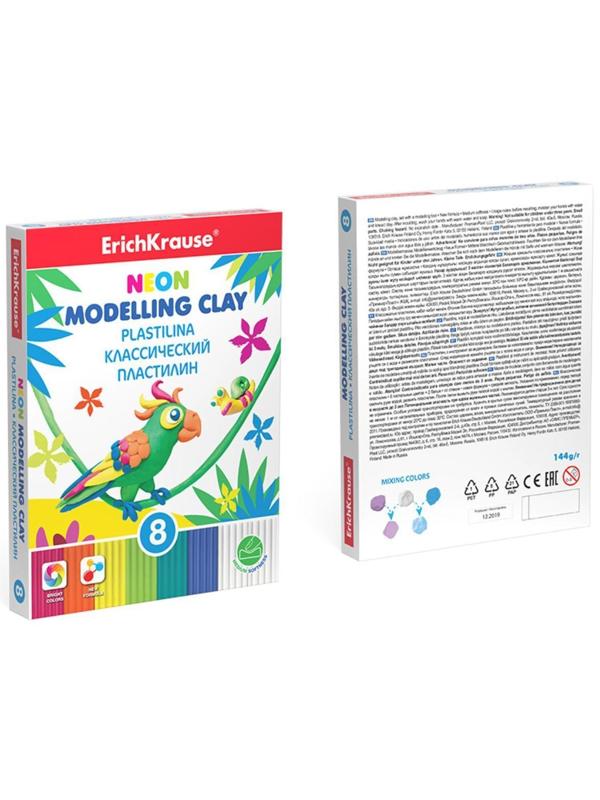 Пластилин 8 цветов, 144 г, ErichKrause Neon, неоновый + 2 белых, со стеком, улучшенная формула, в картонной упаковке