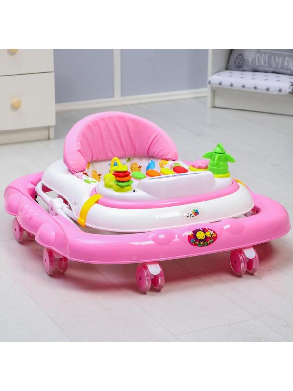 Ходунки «Улыбка», 8 силик. колес, съемная панель, муз., свет, игрушки, розовый