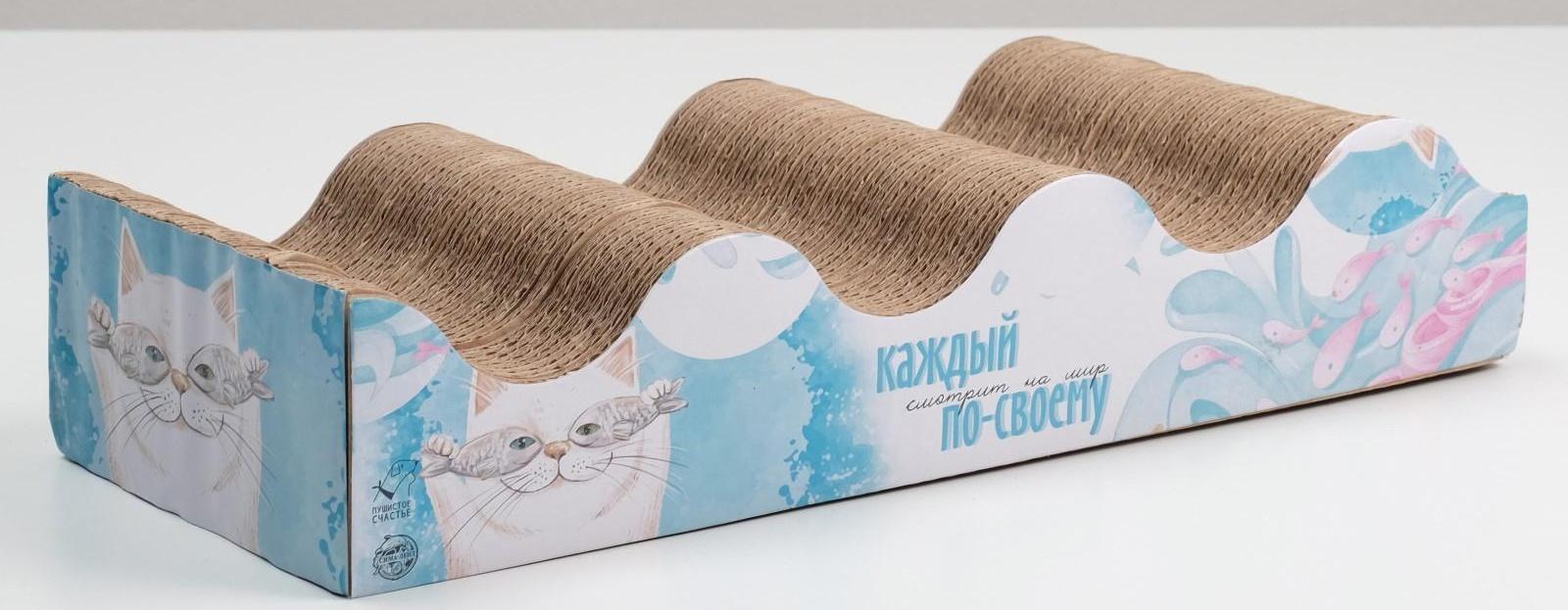 Когтеточка из картона с кошачьей мятой «Кот с рыбами», 45 × 18 см