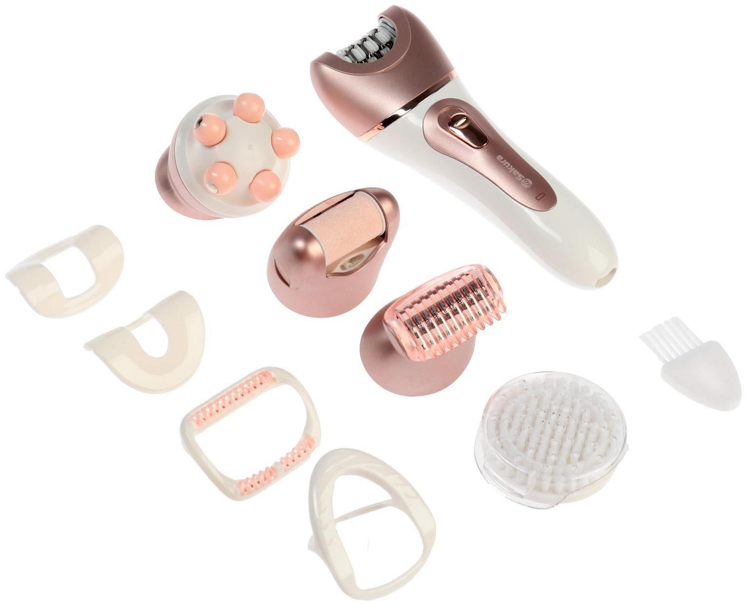 Эпилятор Sakura SA-5541WP, 10 насадок, 2 скорости, подсветка, АКБ, розово-белый