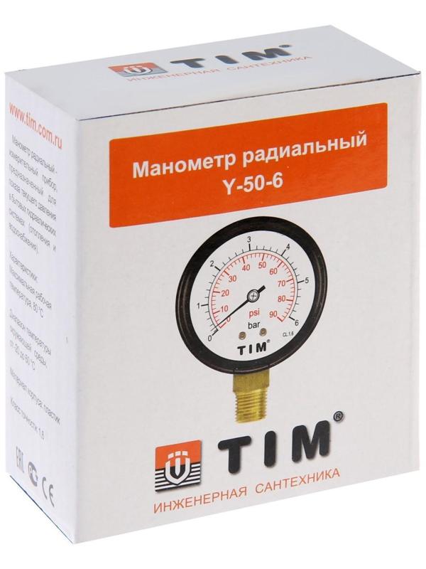 Манометр TIM Y-50-6, радиальный, Дк 50 мм, 0,6 МПа, наружная резьба 1/4