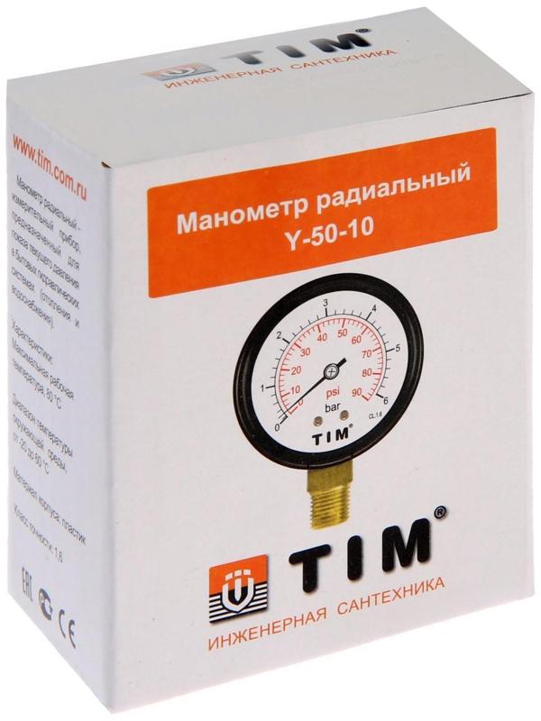 Манометр TIM Y-50-10, радиальный, Дк 50 мм, 1 МПа, наружная резьба 1/4