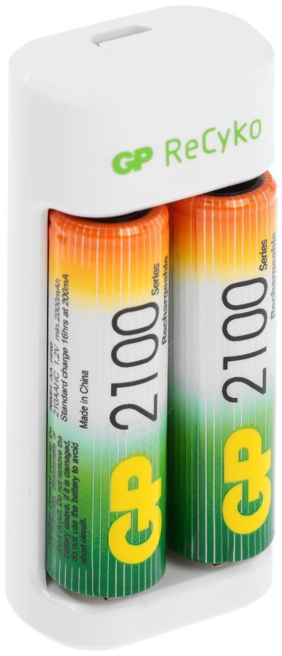 Зарядное устройство GP E211 + 4 аккумулятора AA/AAA 2100/800 мАч, белое