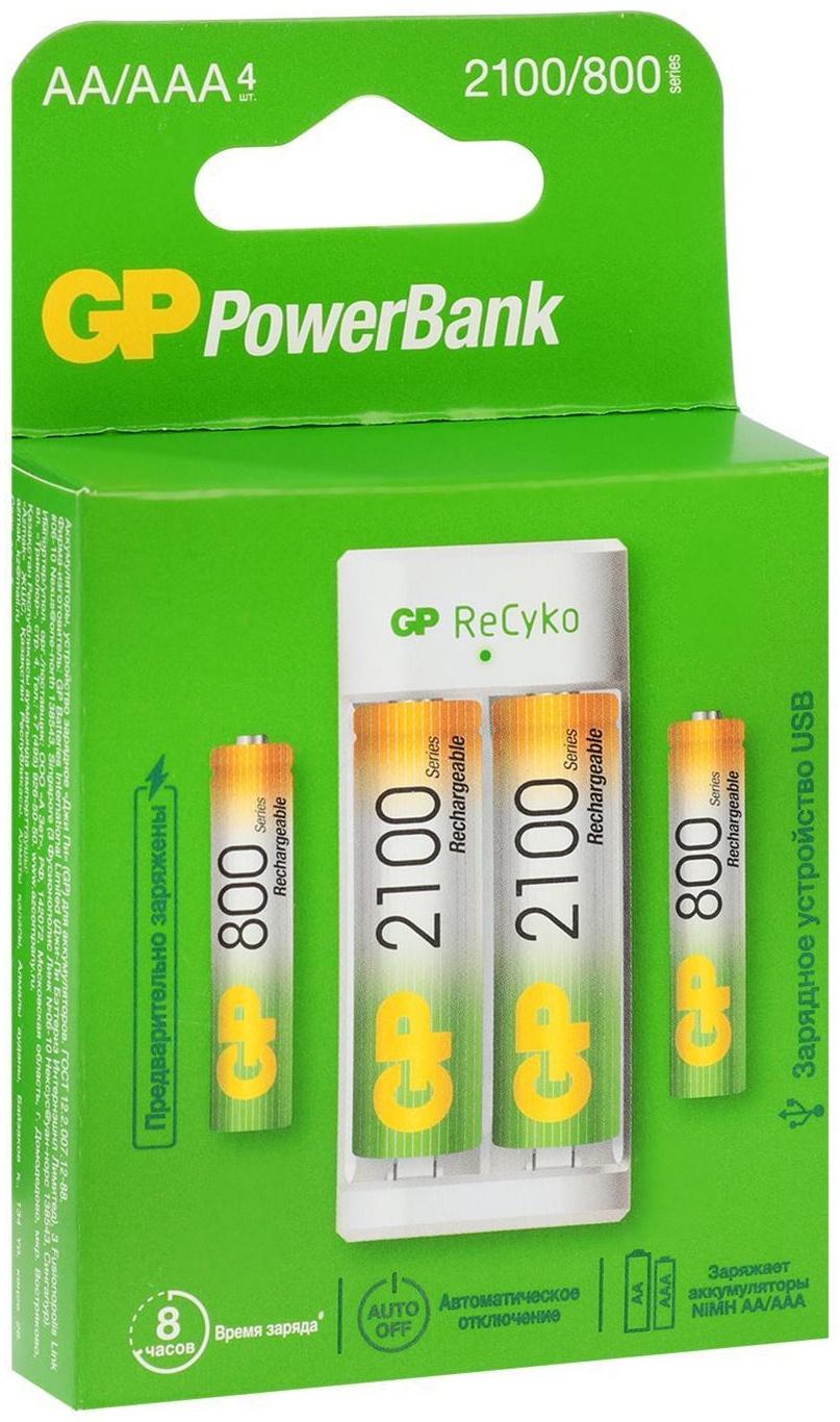 Зарядное устройство GP E211 + 4 аккумулятора AA/AAA 2100/800 мАч, белое