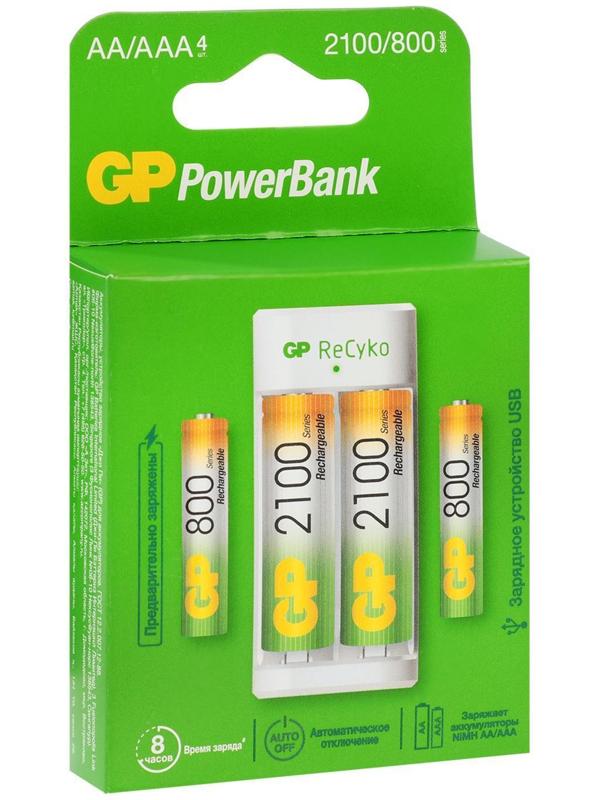 Зарядное устройство GP E211 + 4 аккумулятора AA/AAA 2100/800 мАч, белое
