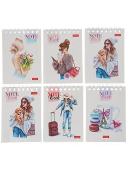 Блокнот А7, 60 листов, в клетку, на гребне, Happy time, обложка мелованный картон, тонированный блок, МИКС