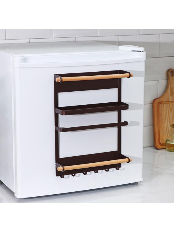 Держатель для кухонных принадлежностей на магните Доляна, 6 крючков, 4 направляющих, 34×24,5×34 см, цвет коричневый