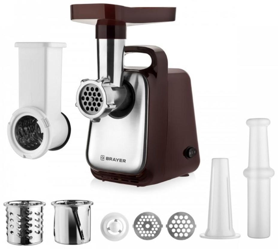Мясорубка BRAYER BR1601, 1300 Вт, 1.5 кг/мин, реверс, 2 насадки, серо-чёрная