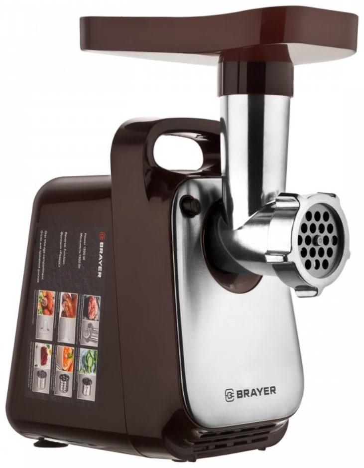 Мясорубка BRAYER BR1601, 1300 Вт, 1.5 кг/мин, реверс, 2 насадки, серо-чёрная