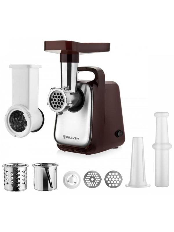 Мясорубка BRAYER BR1601, 1300 Вт, 1.5 кг/мин, реверс, 2 насадки, серо-чёрная