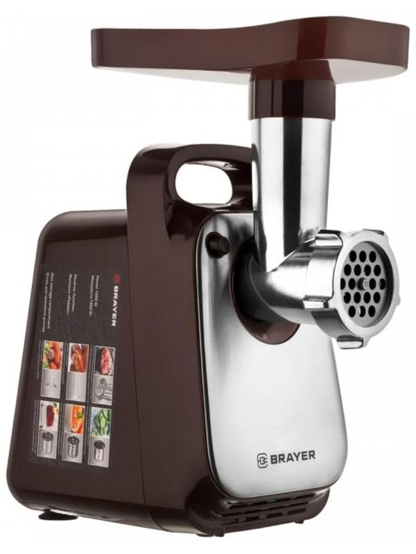 Мясорубка BRAYER BR1601, 1300 Вт, 1.5 кг/мин, реверс, 2 насадки, серо-чёрная