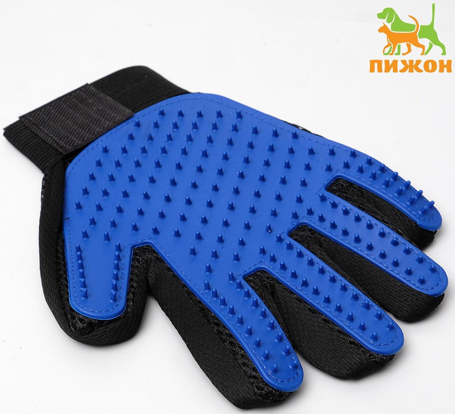 Рукавица - щетка для шерсти на правую руку с удлиненными зубчиками, синяя