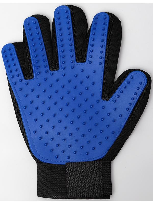 Рукавица - щетка для шерсти на правую руку с удлиненными зубчиками, синяя