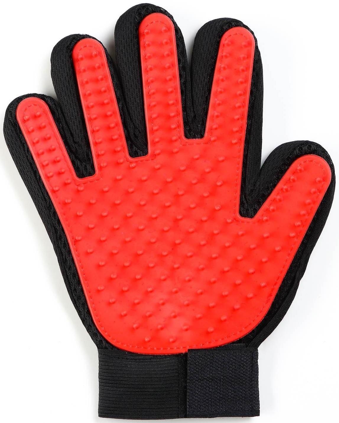 Рукавица - щетка для шерсти на правую руку с удлиненными зубчиками, красная