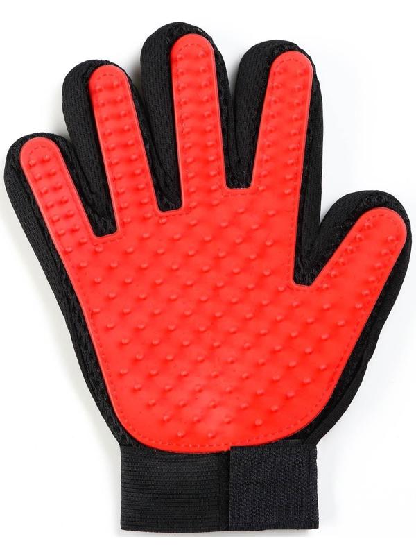 Рукавица - щетка для шерсти на правую руку с удлиненными зубчиками, красная