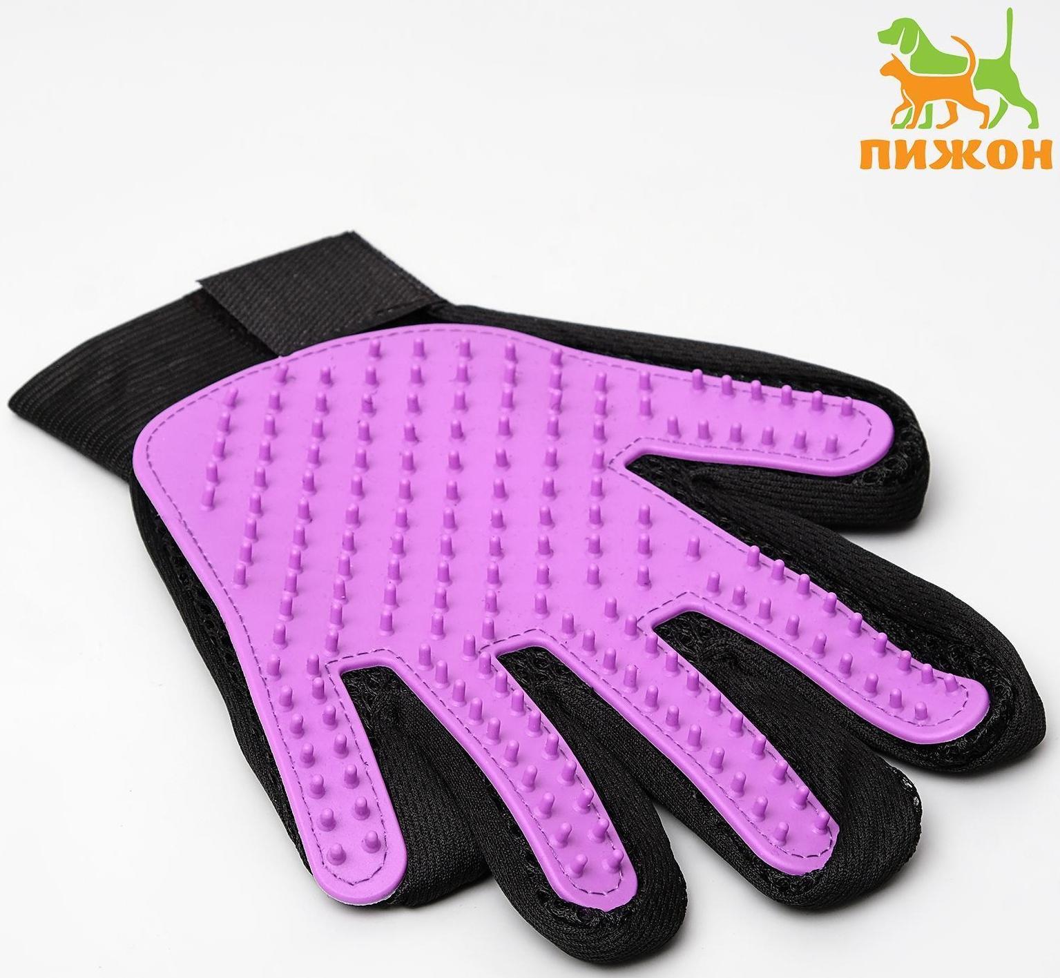 Рукавица-щетка для шерсти на левую руку из неопрена с удлиненными зубчиками, фиолетовая
