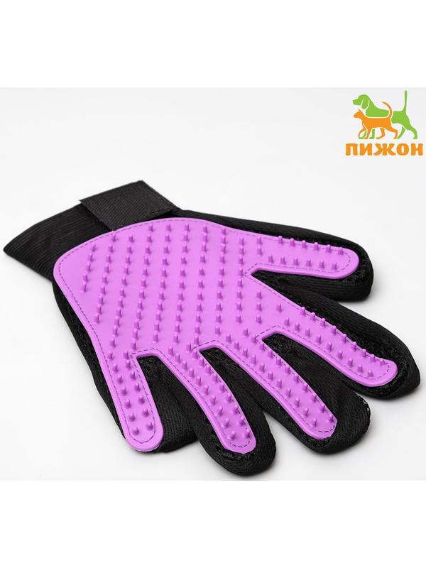 Рукавица-щетка для шерсти на левую руку из неопрена с удлиненными зубчиками, фиолетовая