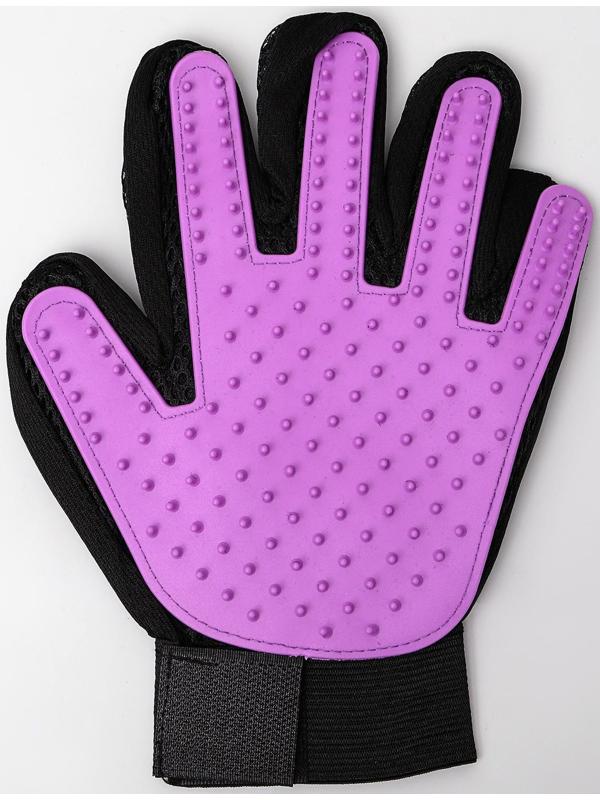 Рукавица-щетка для шерсти на левую руку из неопрена с удлиненными зубчиками, фиолетовая