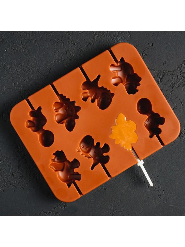 Форма для леденцов Доляна «Дино», 14×11×1,5 см, 8 ячеек, цвет шоколадный