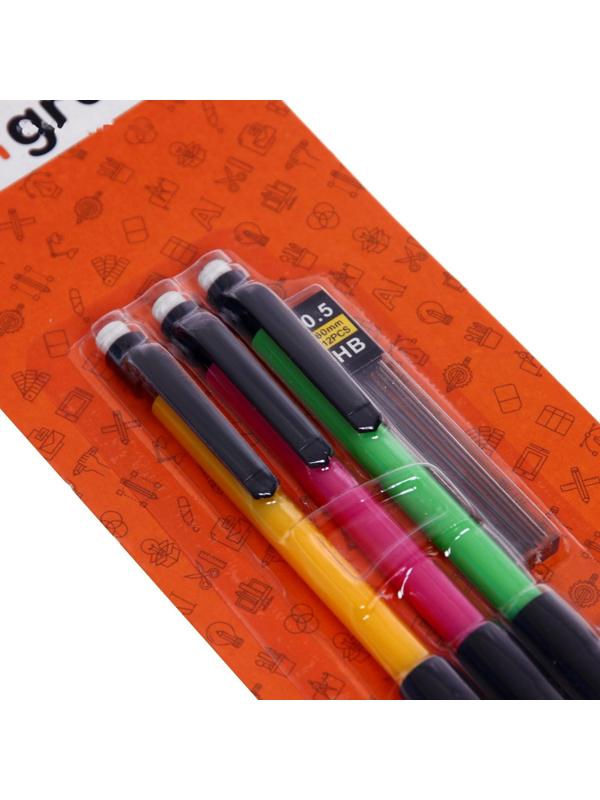 Набор карандашей автоматических 0,5 мм 3 штуки+грифели 0,5мм+3 шт., ластиков