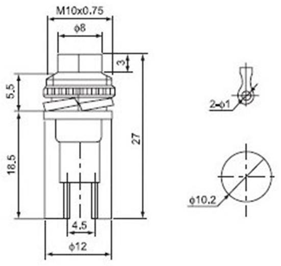 Выключатель-кнопка, 250 В, 2 А, ON-OFF, 2с, d=10,2 мм, без фиксации, металл, красная